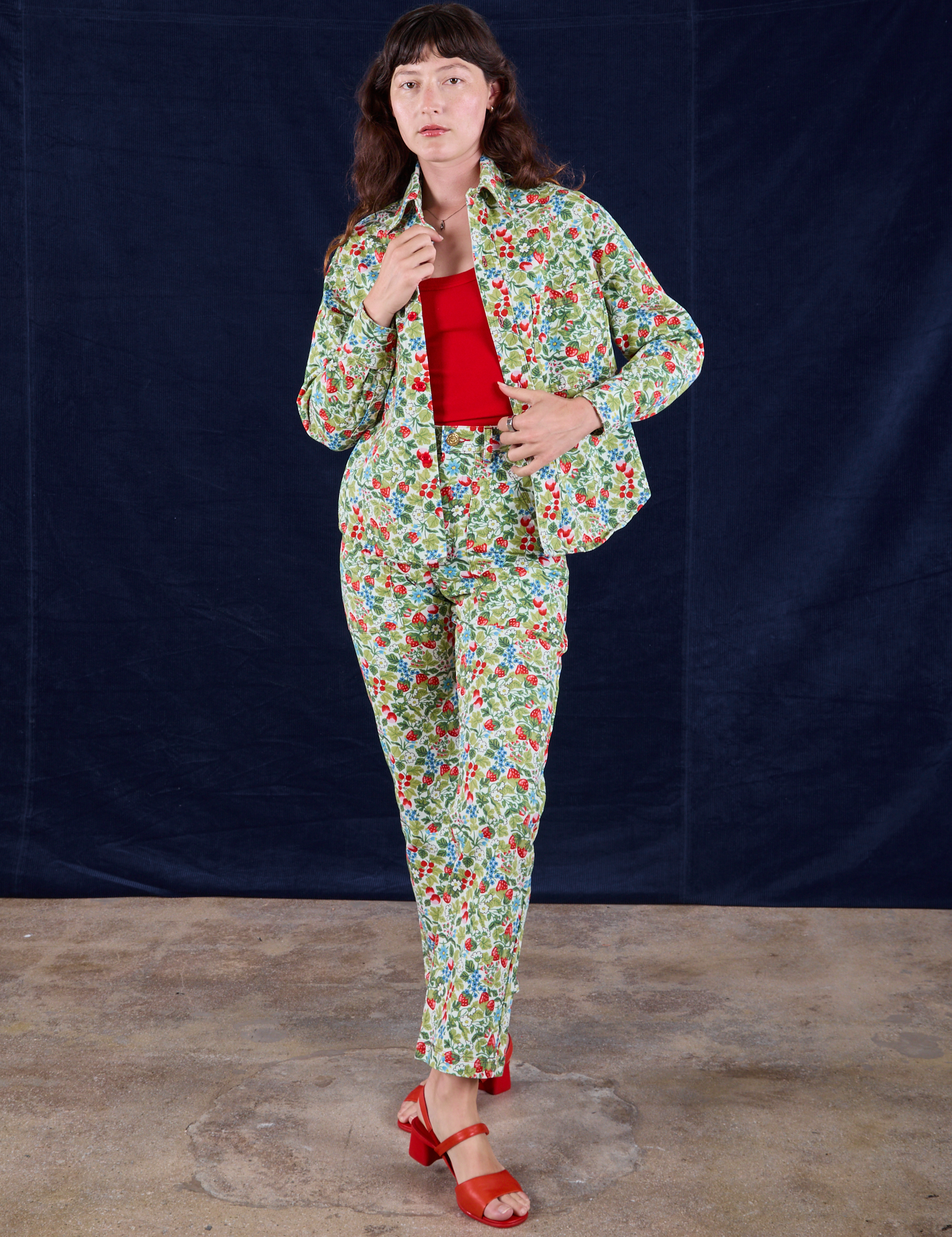 Alex is wearing Work Pants in Strawberry Blossom and matching Cropped Overshirt