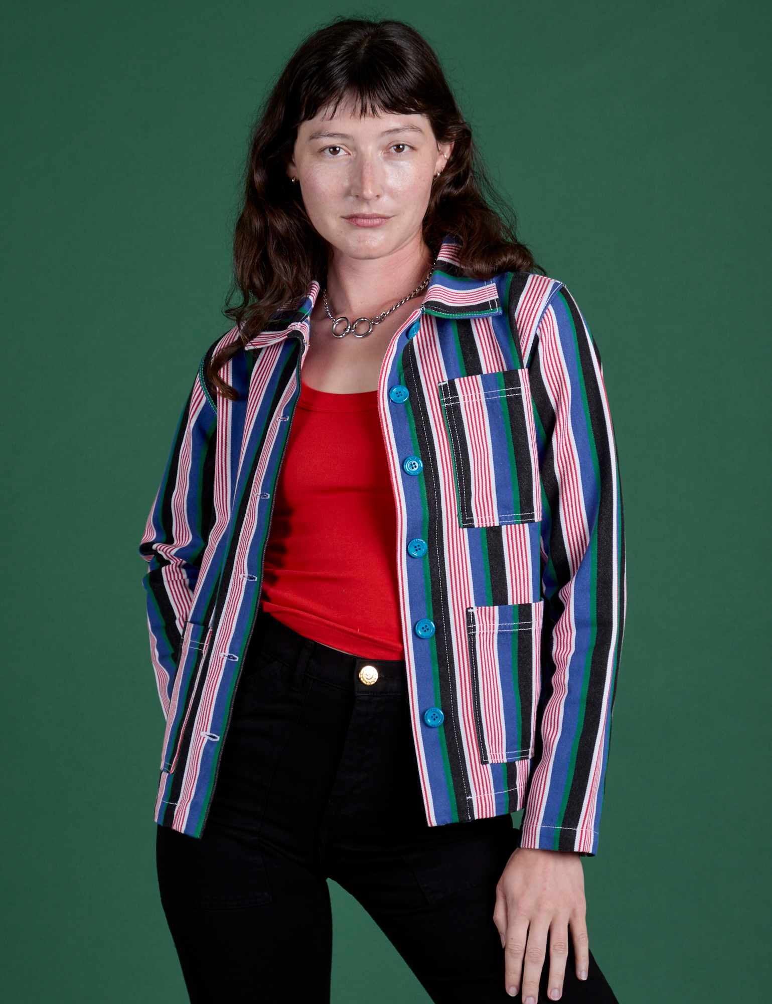  Alex is 5’8” and wearing P Stripe Work Jacket in Pacific Stripe