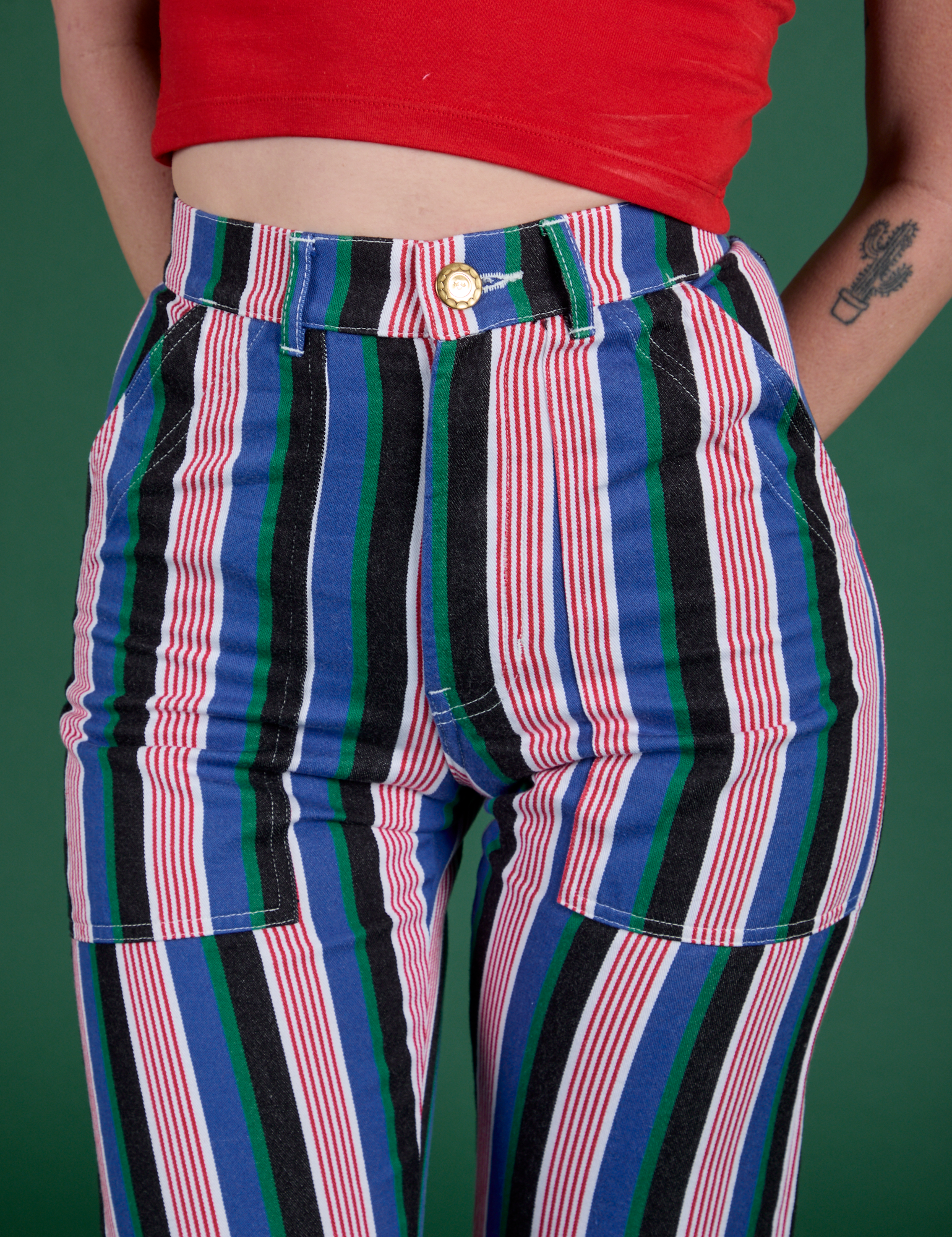 Front close up of Work Pants in Pacific Stripe on Alex