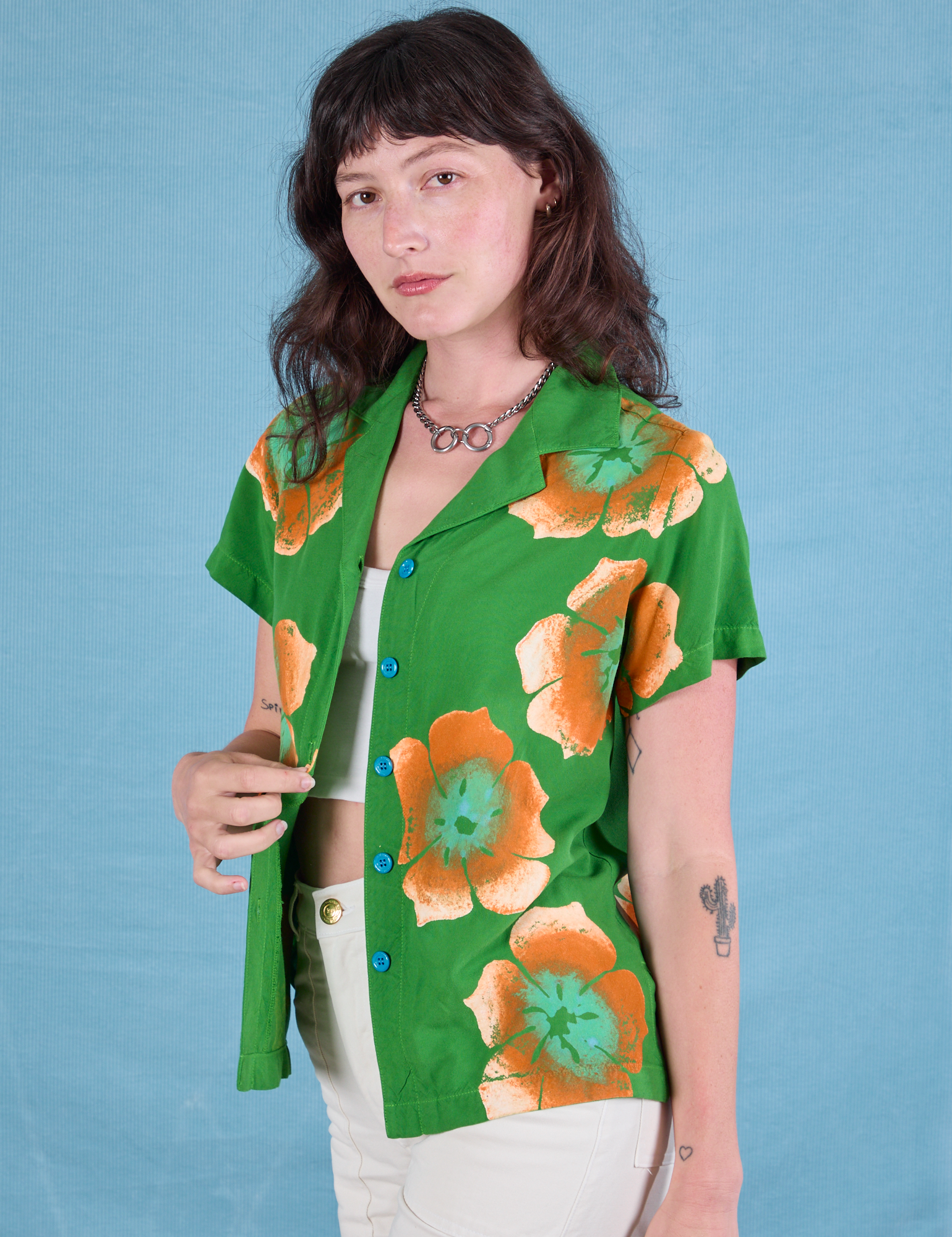 Paintstamped Pantry Button-Up in Kelly Green angled front view on Alex