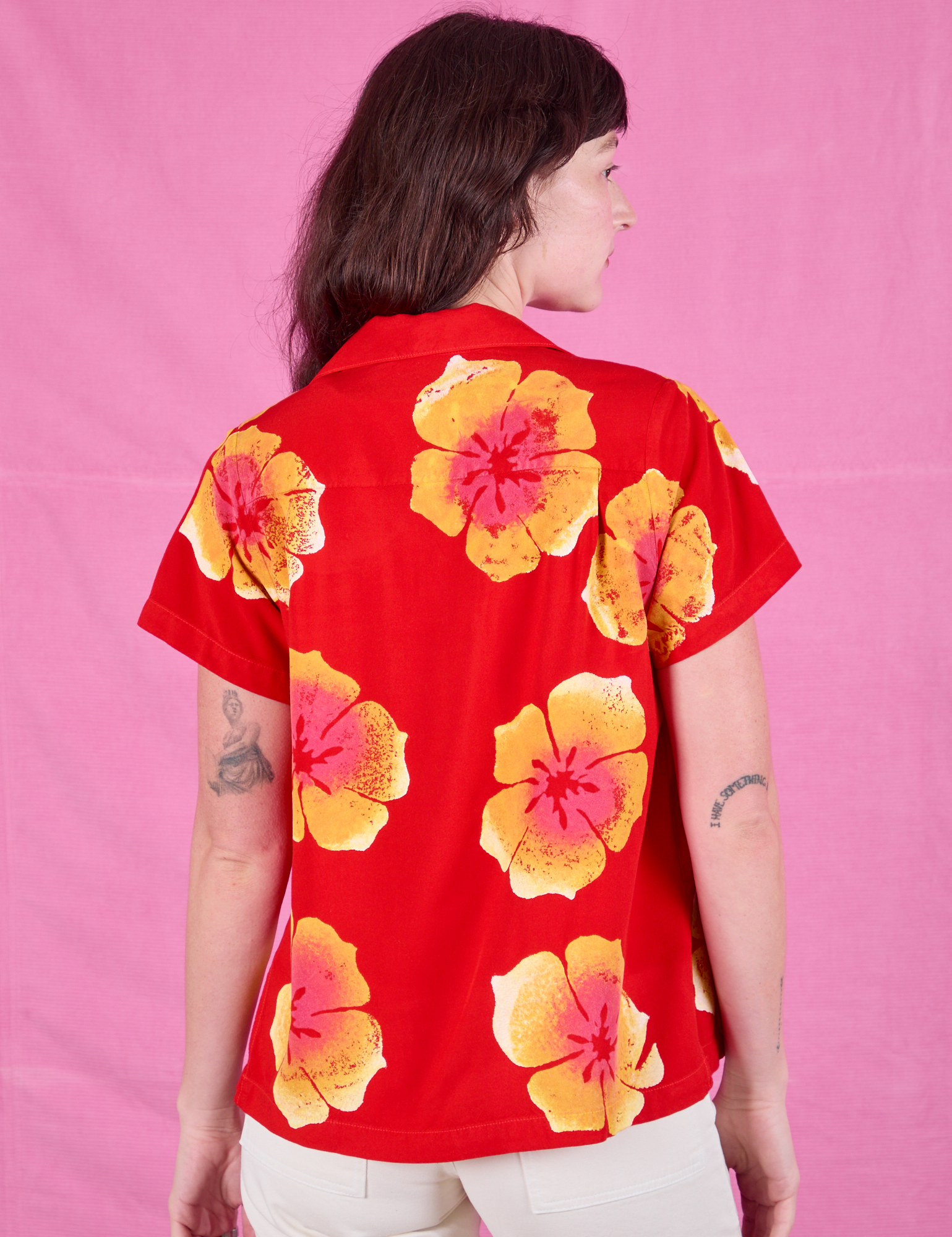 Paintstamped Pantry Button-Up in Mustang Red back view on Alex