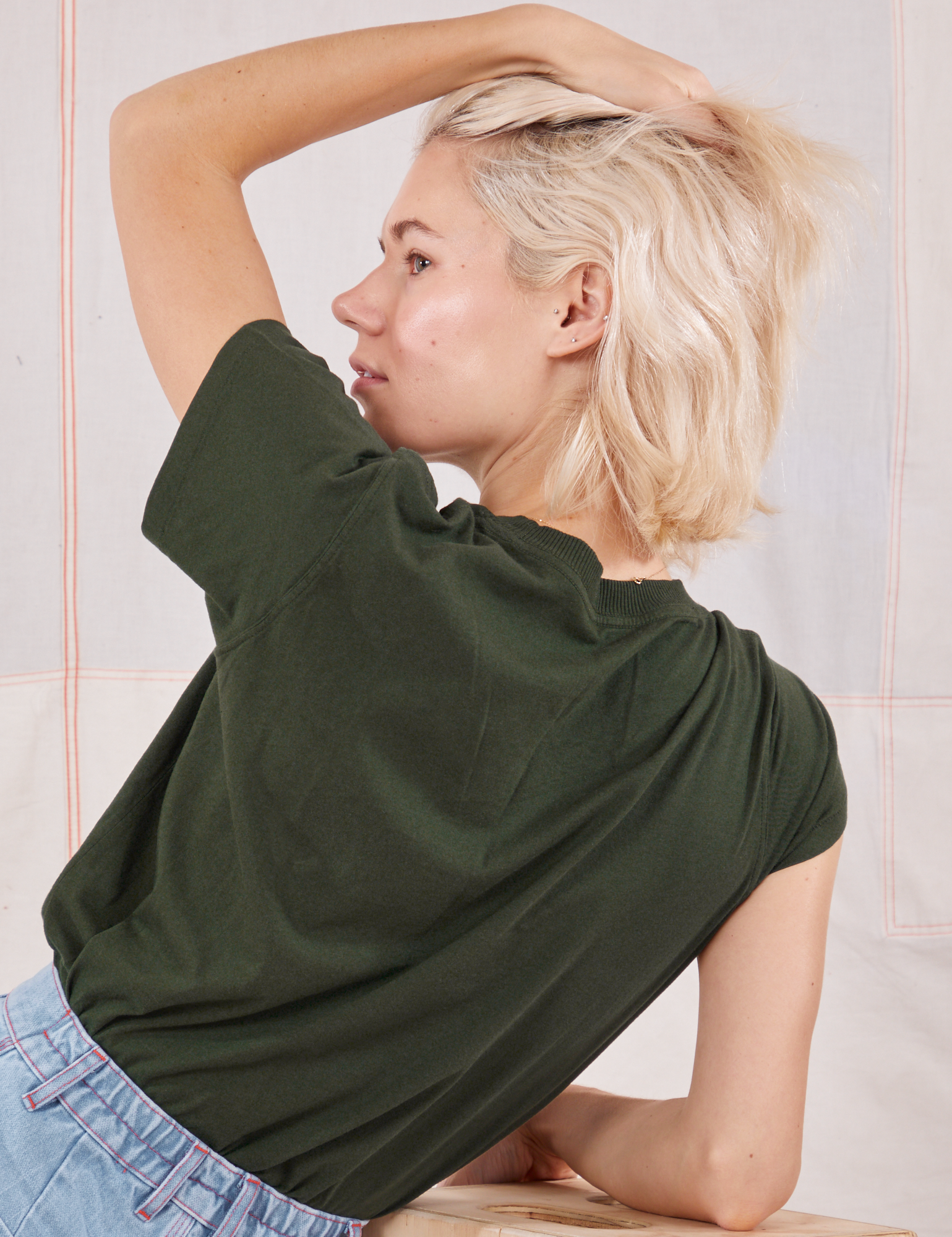 Organic Vintage Tee in Swamp Green back view on Madeline