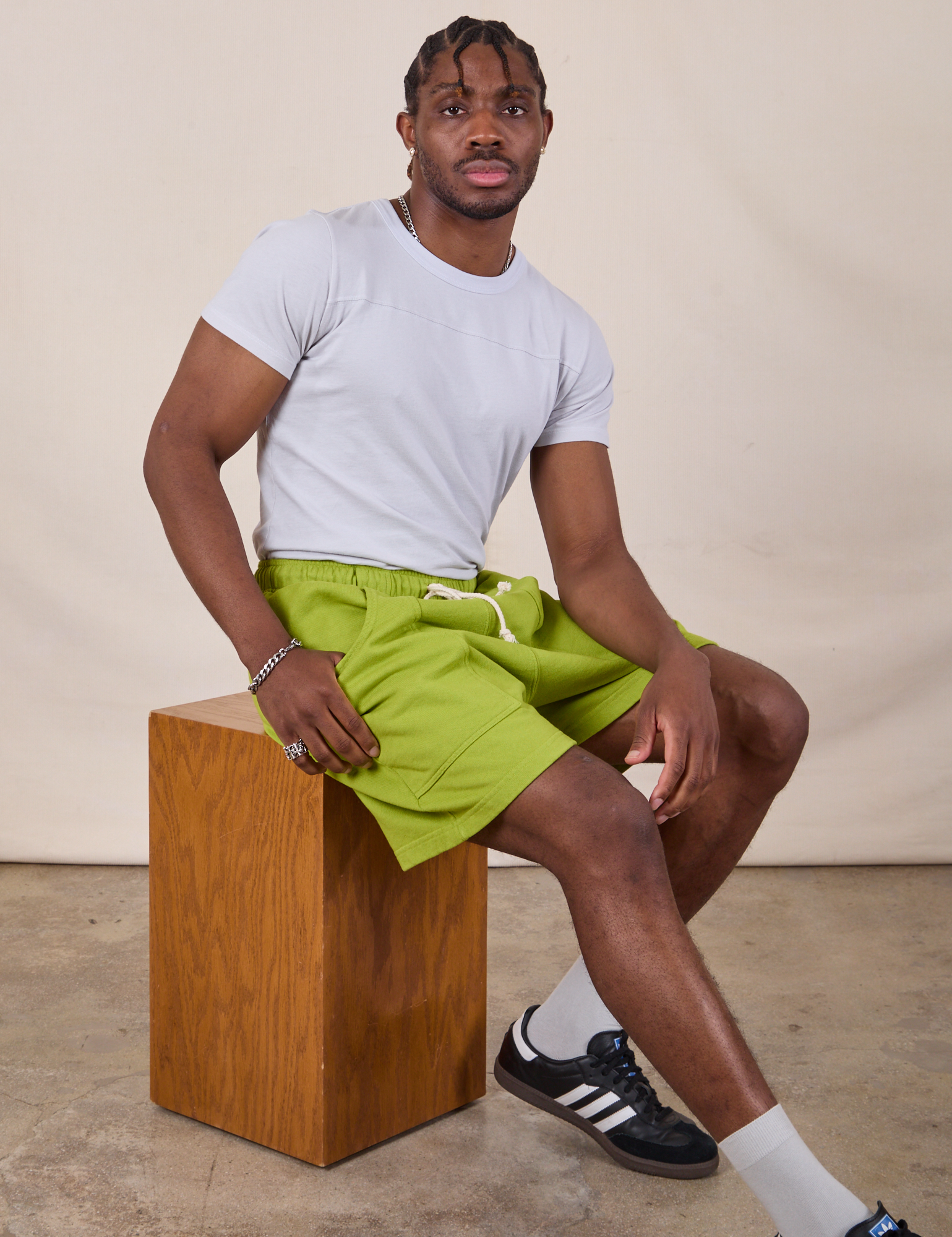 Sweat Shorts in Gross Green and stone white Jr. Varsity Tee on Isaac