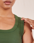 Upper front close up of Tank Top in Dark Emerald Green on Mika