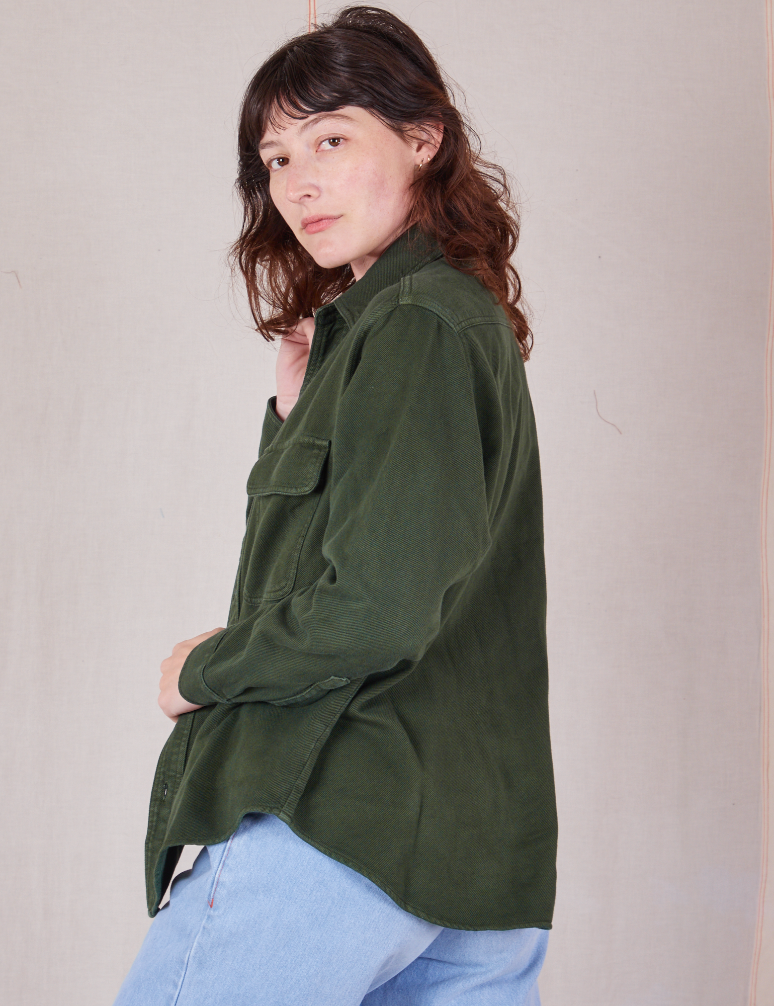 Side view of Flannel Overshirt in Swamp Green on Alex