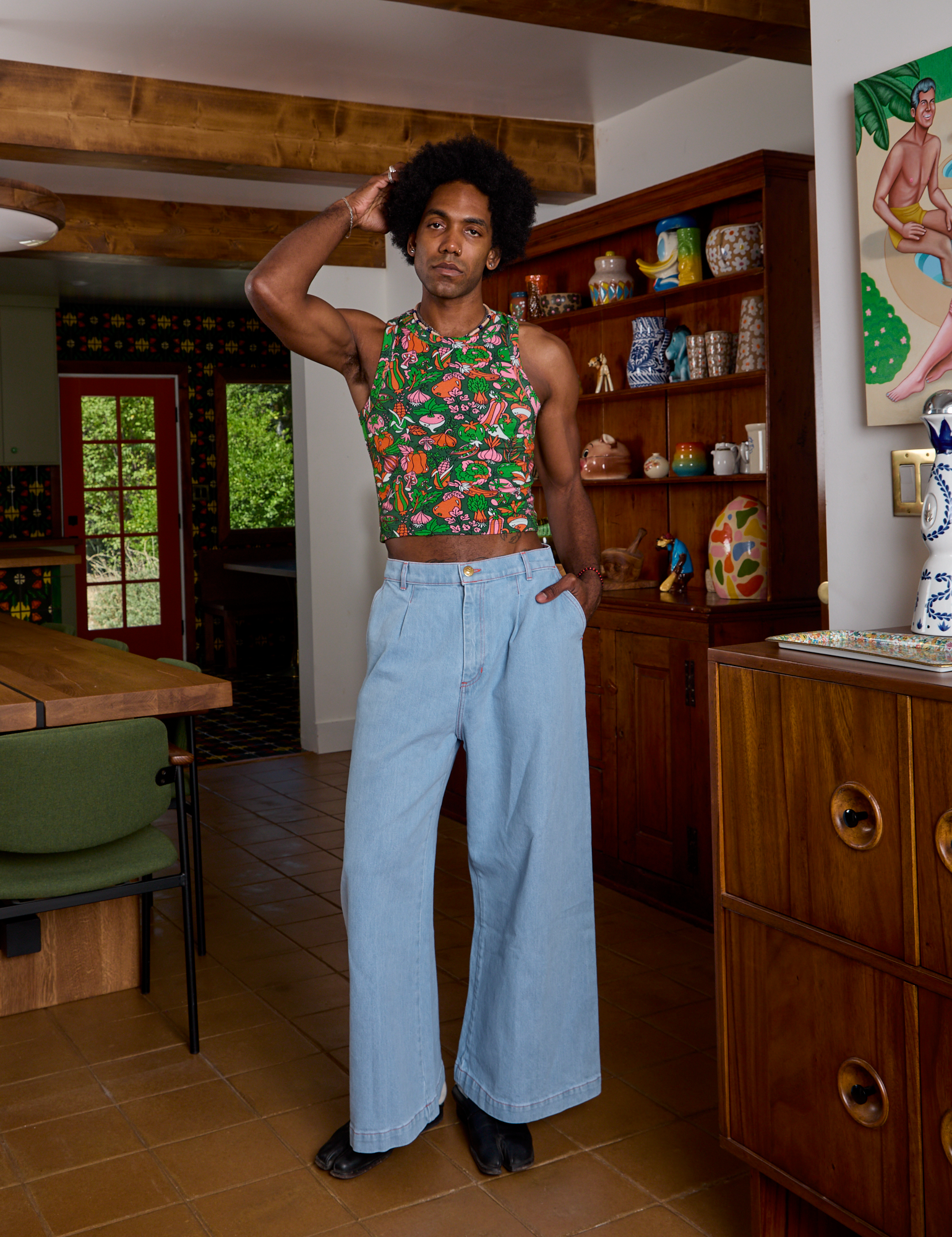 Kitchen Collection Racerback Tank and light wash Indigo Denim Wide Leg Trousers on Jerrod