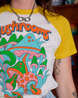 Short Sleeve Raglan Tee in Mushrooms front close up on Alex