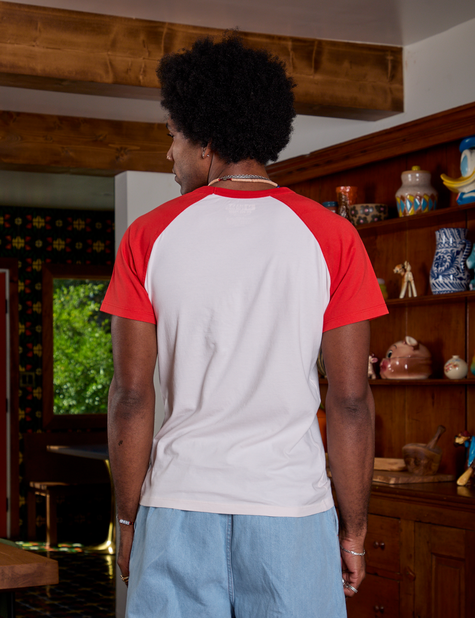 Back view of Short Sleeve Raglan Tee in Tomatoes on Jerrod