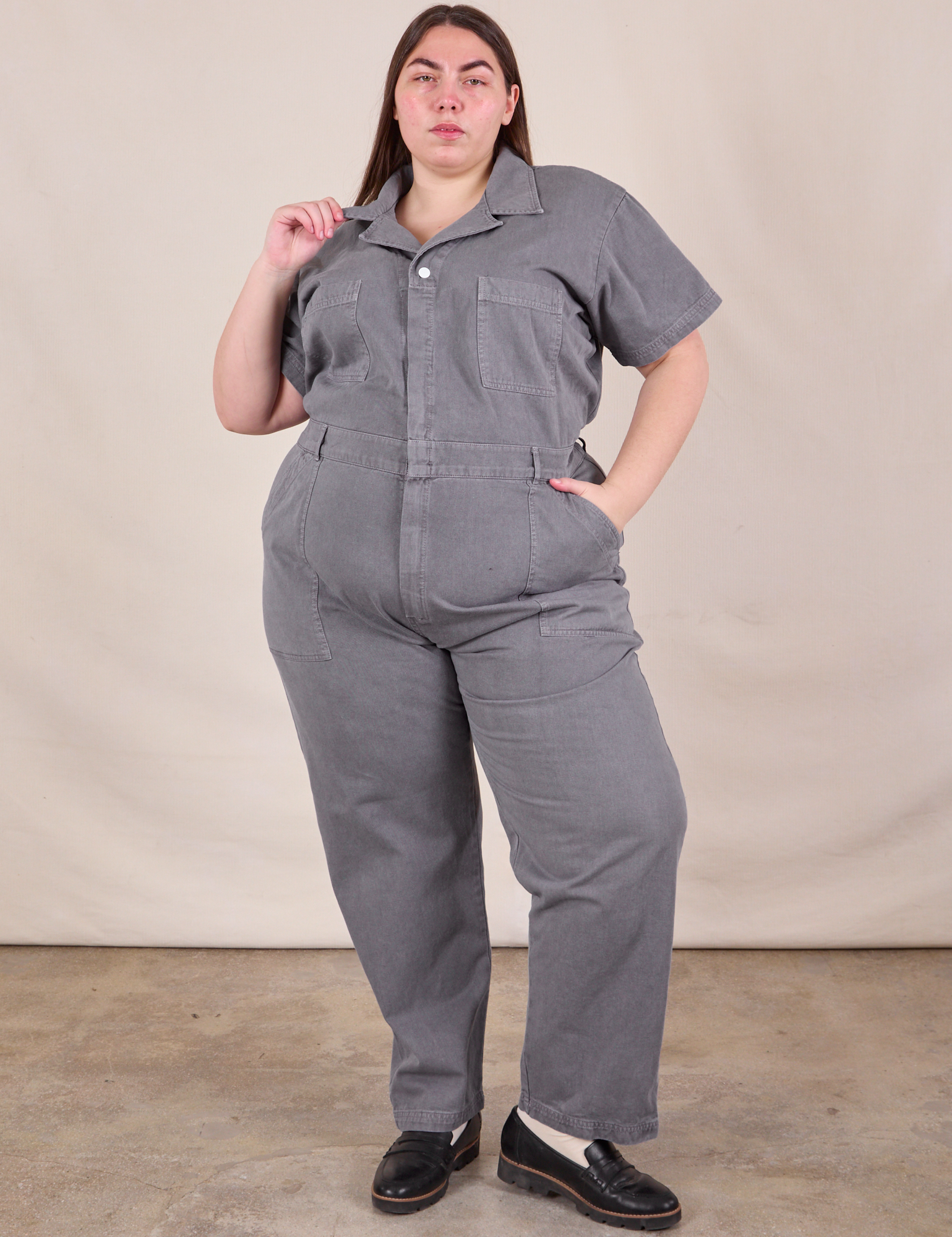 Marielena is 5&#39;8&quot; and wearing 2XL Short Sleeve Jumpsuit in Washed Grey