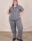 Marielena is 5'8" and wearing 2XL Short Sleeve Jumpsuit in Washed Grey