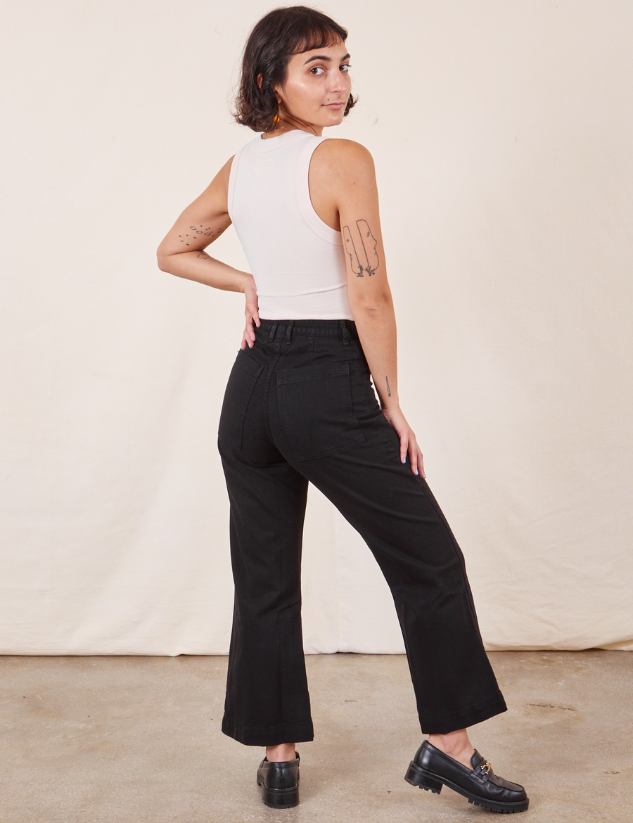 Western Pants in Basic Black back view on Soraya wearing vintage off-white Tank Top