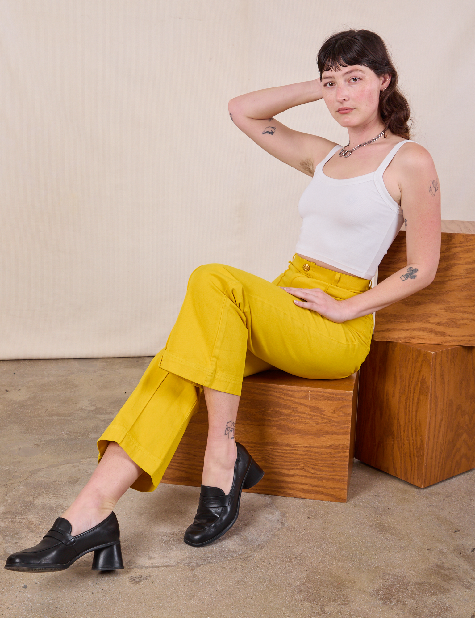 Western Pants in Golden Yellow and Cropped Cami in Vintage Tee Off-White on Alex