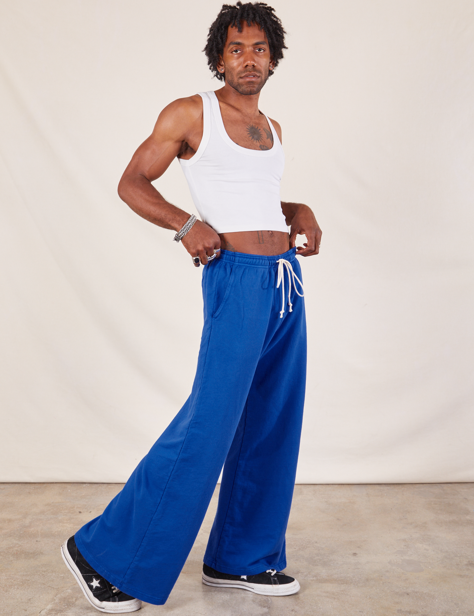 Wide Leg Sweat Pants in Royal Blue side view on Jerrod