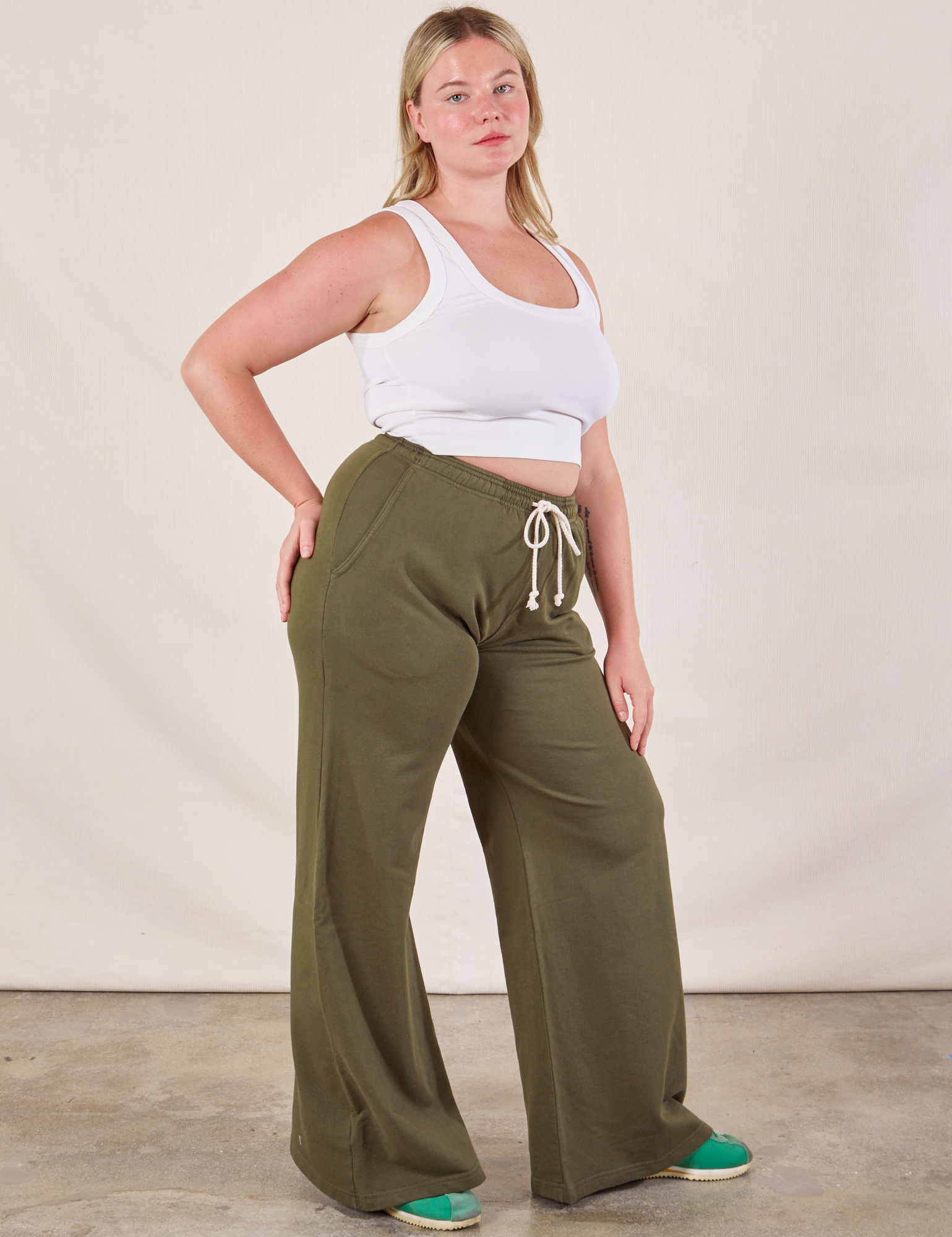 Side view of Wide Leg Sweat Pants in Surplus Green on Lish