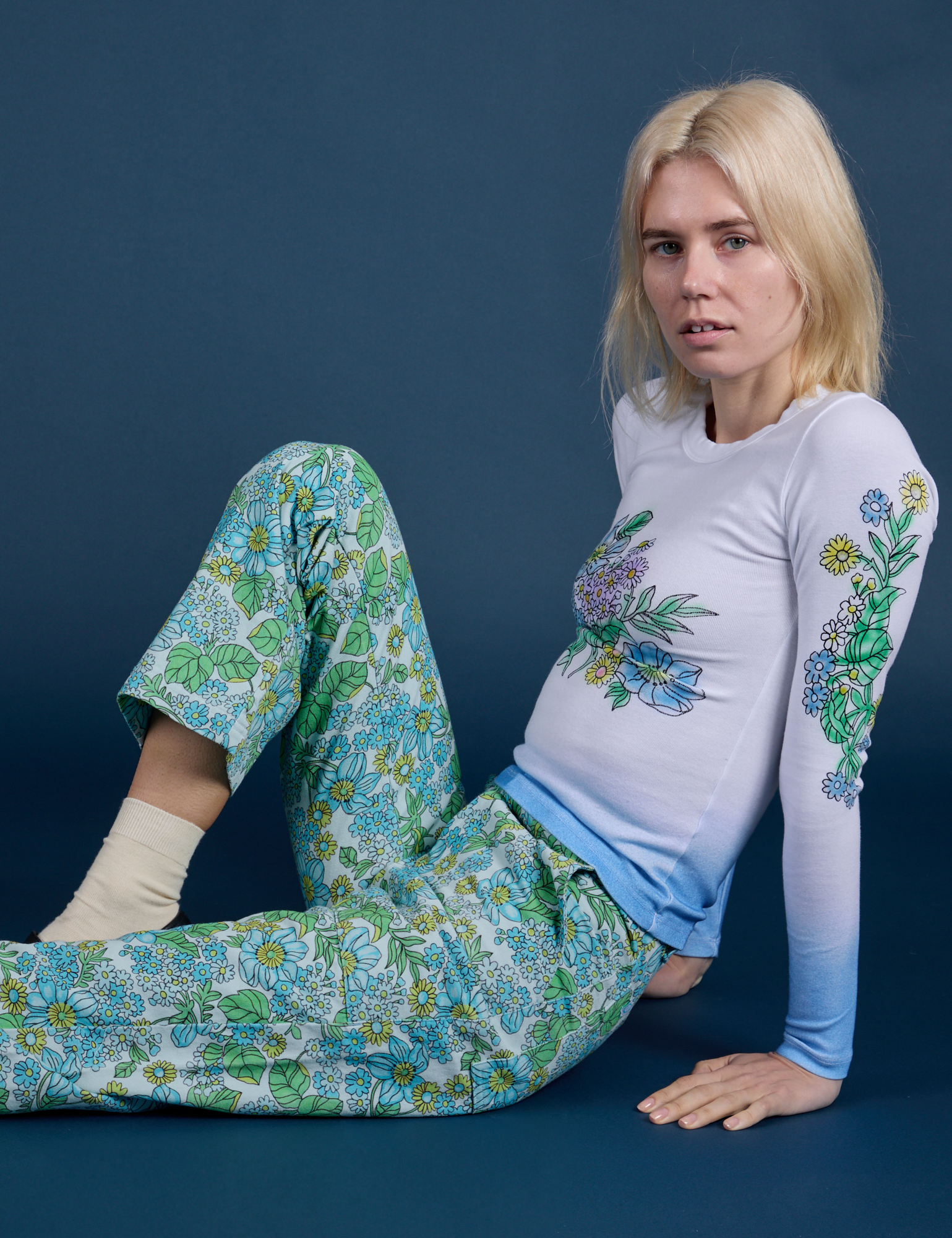 Winter Floral Print Work Pants and Long Sleeve Baby Tee in Blue on Madeline