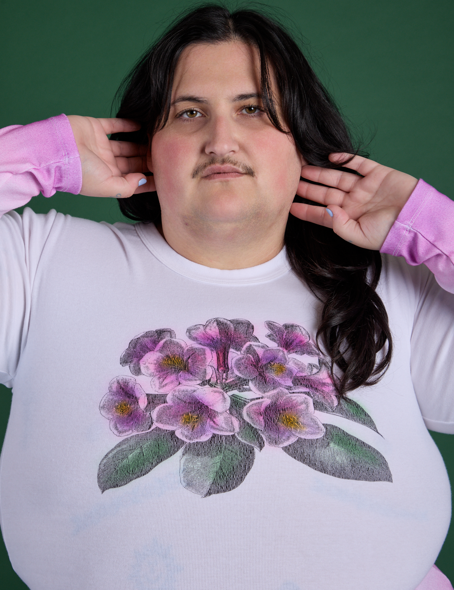 Front close up of Floral Long Sleeve Baby Tee in Pink on Sam