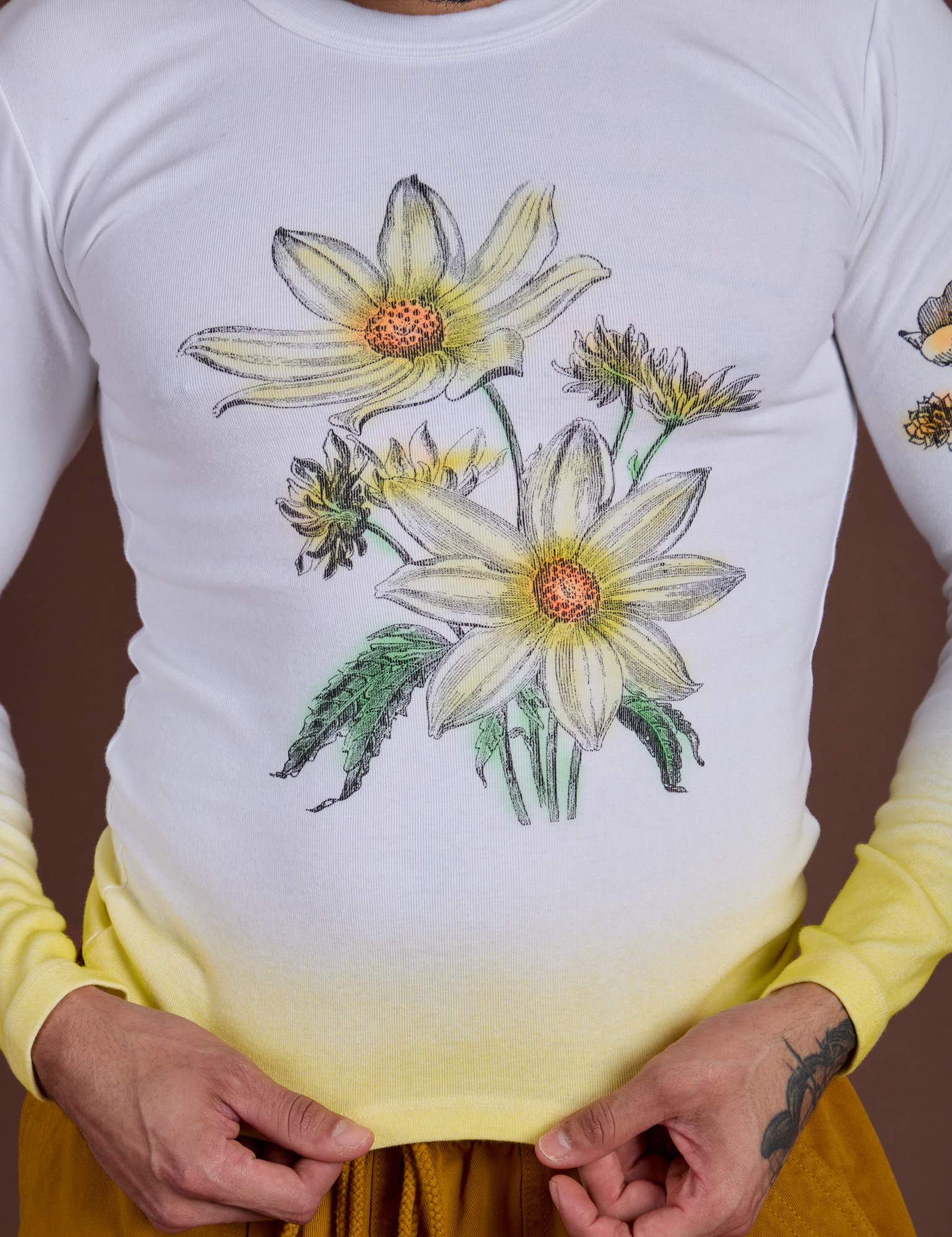 Floral Long Sleeve Baby Tee in Yellow front close up on Jesse