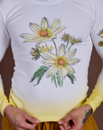 Floral Long Sleeve Baby Tee in Yellow front close up on Jesse