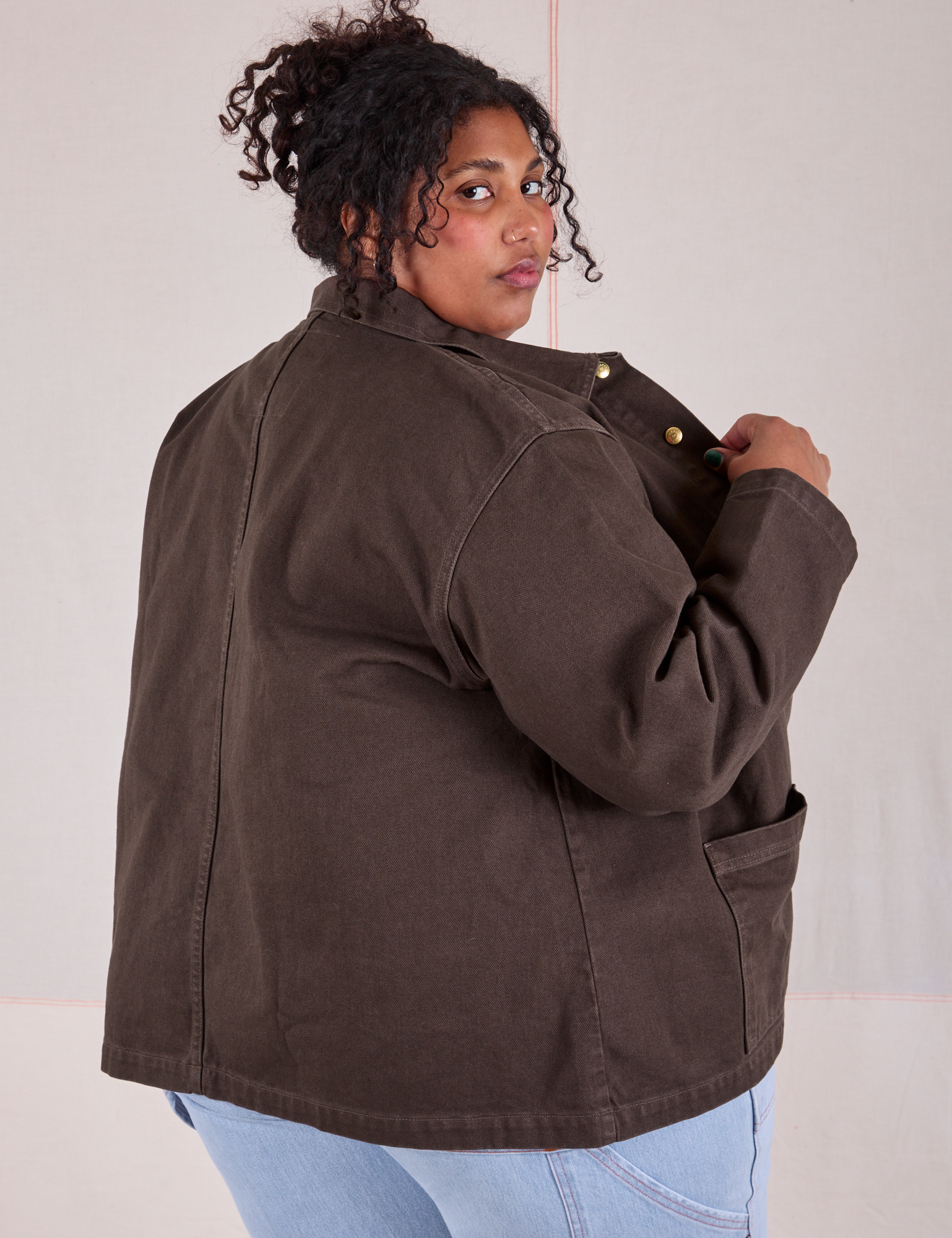 Denim Work Jacket in Espresso Brown angled back view on Morgan