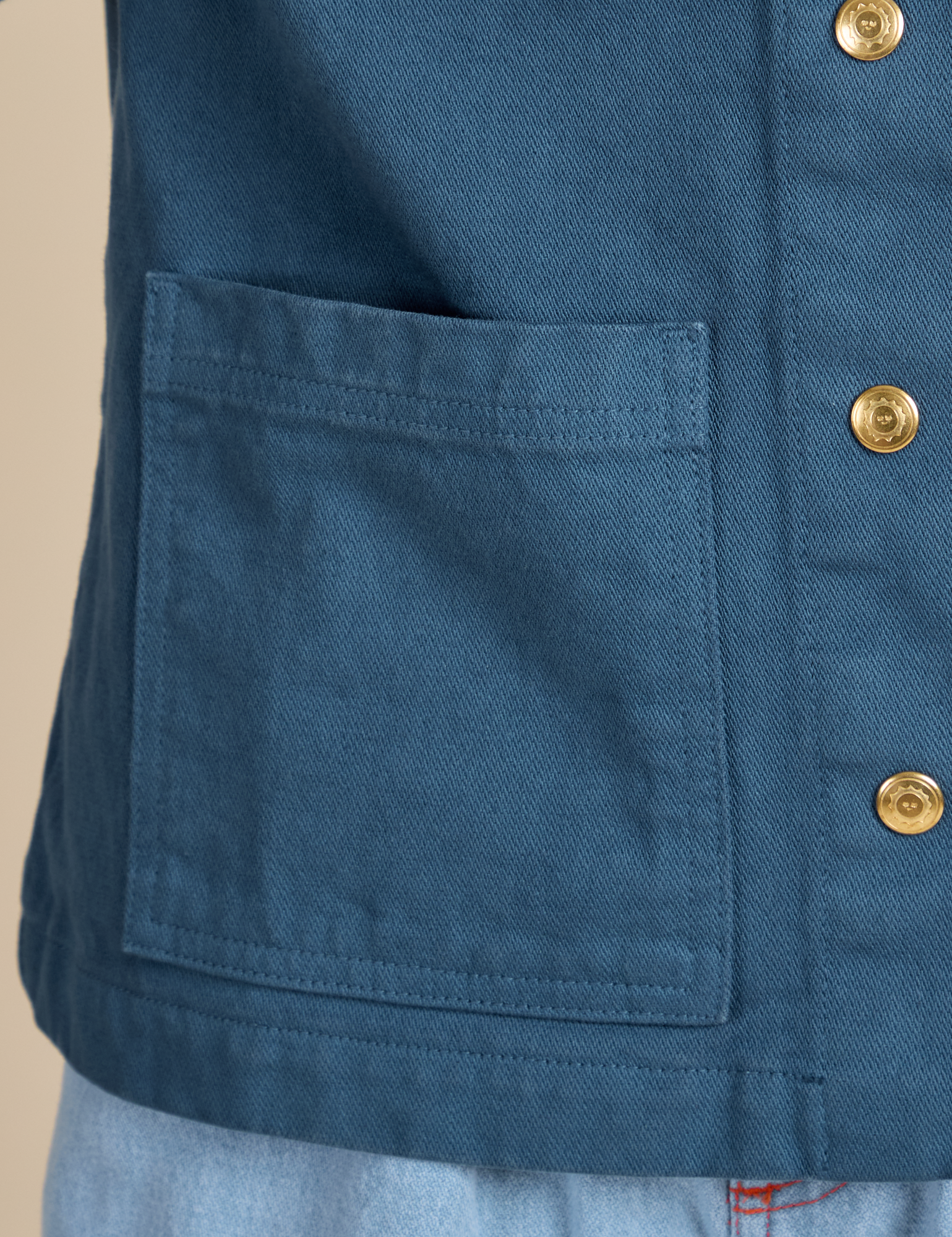 Close up of Denim Work Jacket in French Blue front pocket