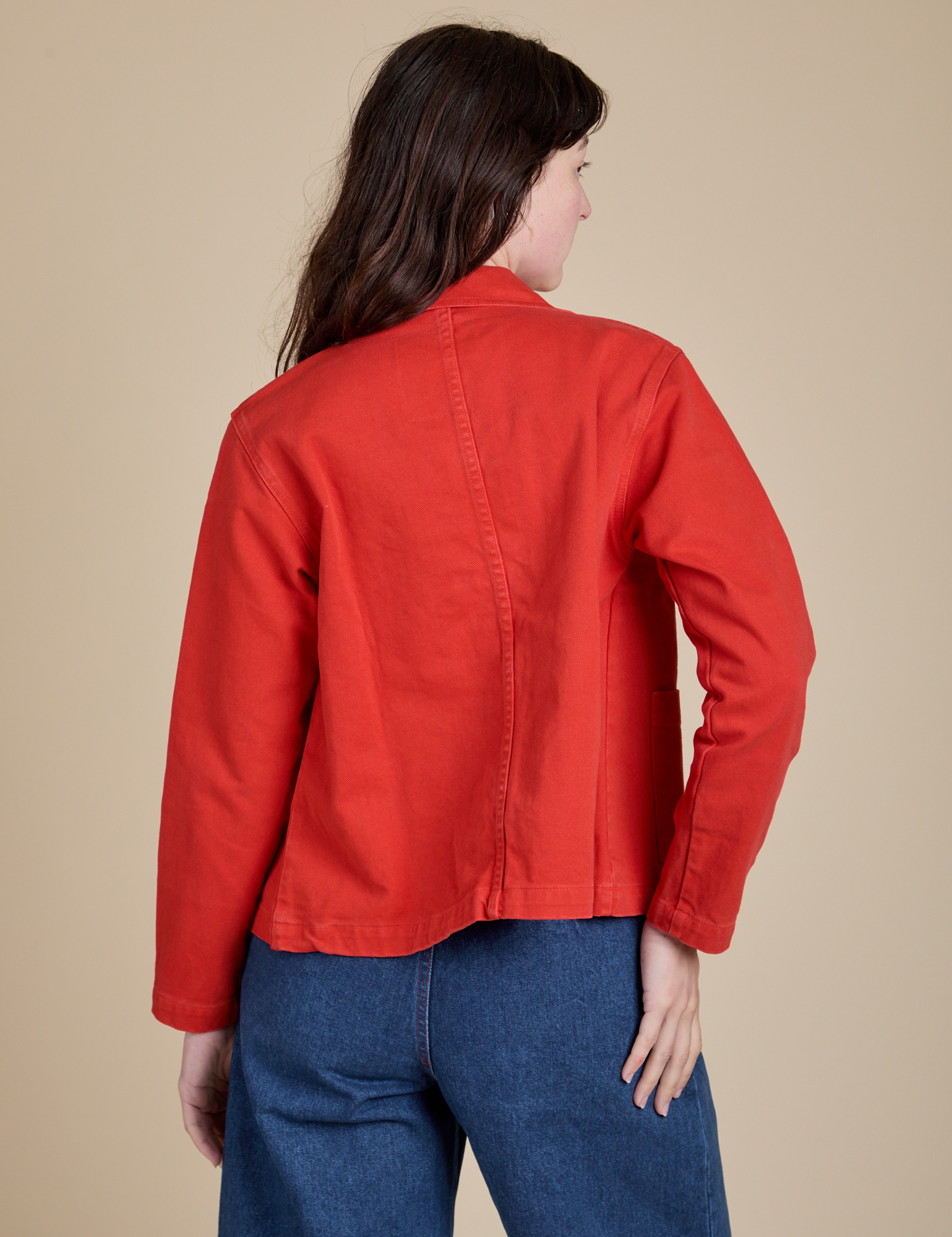 Back view of Denim Work Jacket in Mustang Red on Alex