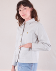 Denim Work Jacket in Stone White angled front view on Alex