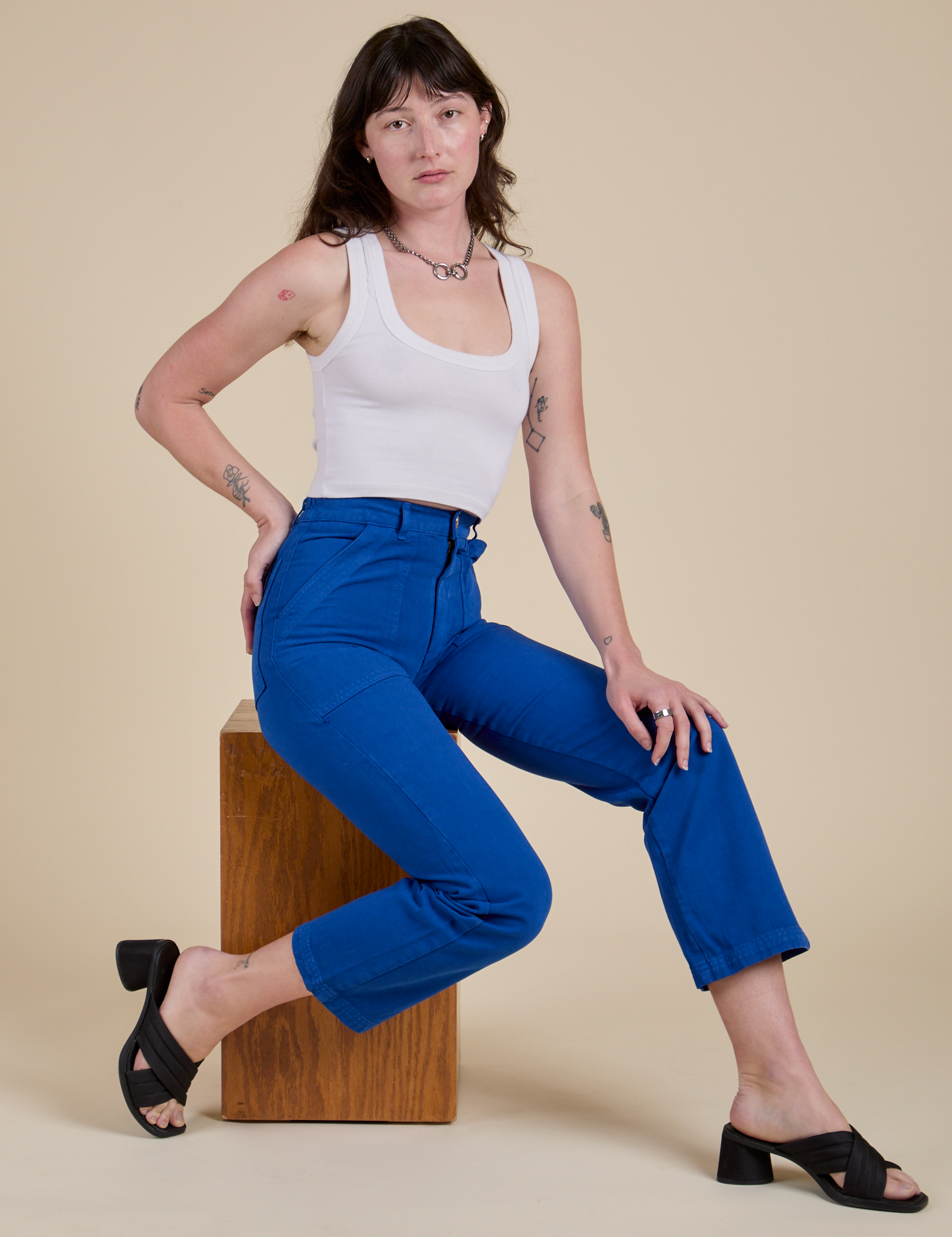 Work Pants in Royal Blue and Cropped Tank in Vintage Tee White on Alex