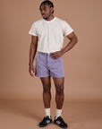 Isaac is 5’10” and wearing M Classic Work Shorts in Faded Grape paired with Organic Vintage Tee in Vintage Off-White