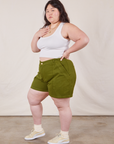 Side view of Classic Work Shorts in Summer Olive and Cropped Tank Top in vintage tee off-white on Ashley
