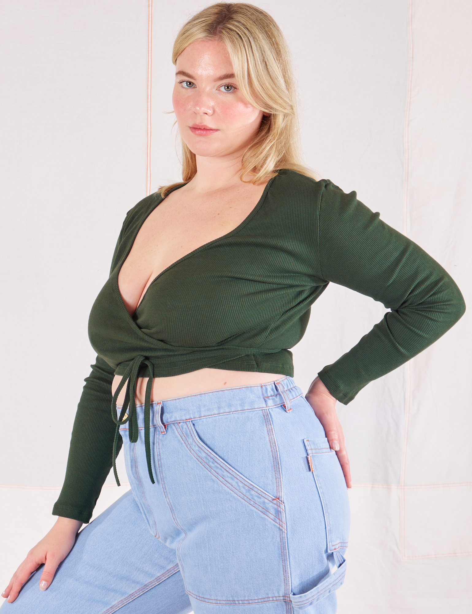 Wrap Top in Swamp Green angled front view on Lish
