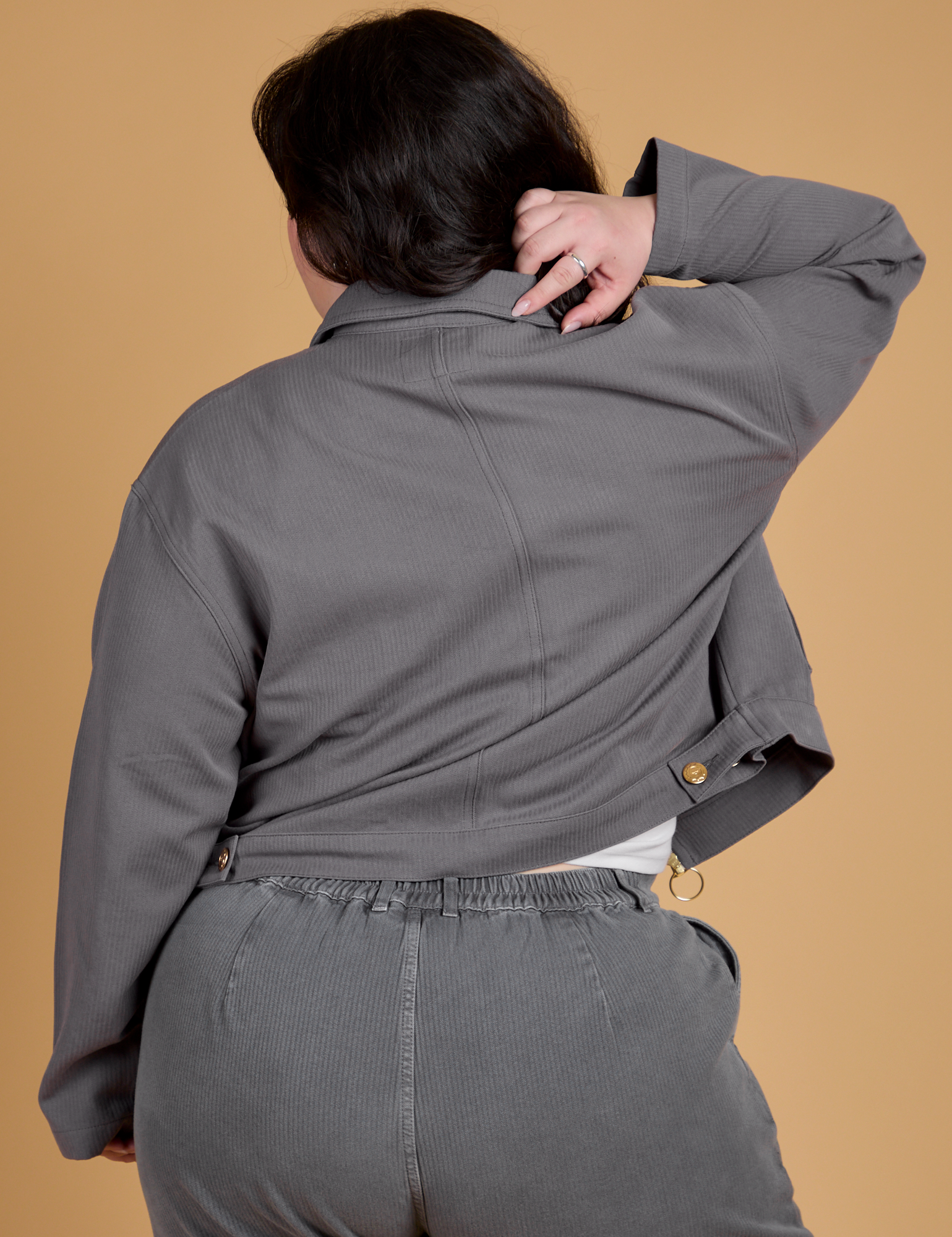 Heritage Mechanic Jacket in Washed Grey back view on Ashley