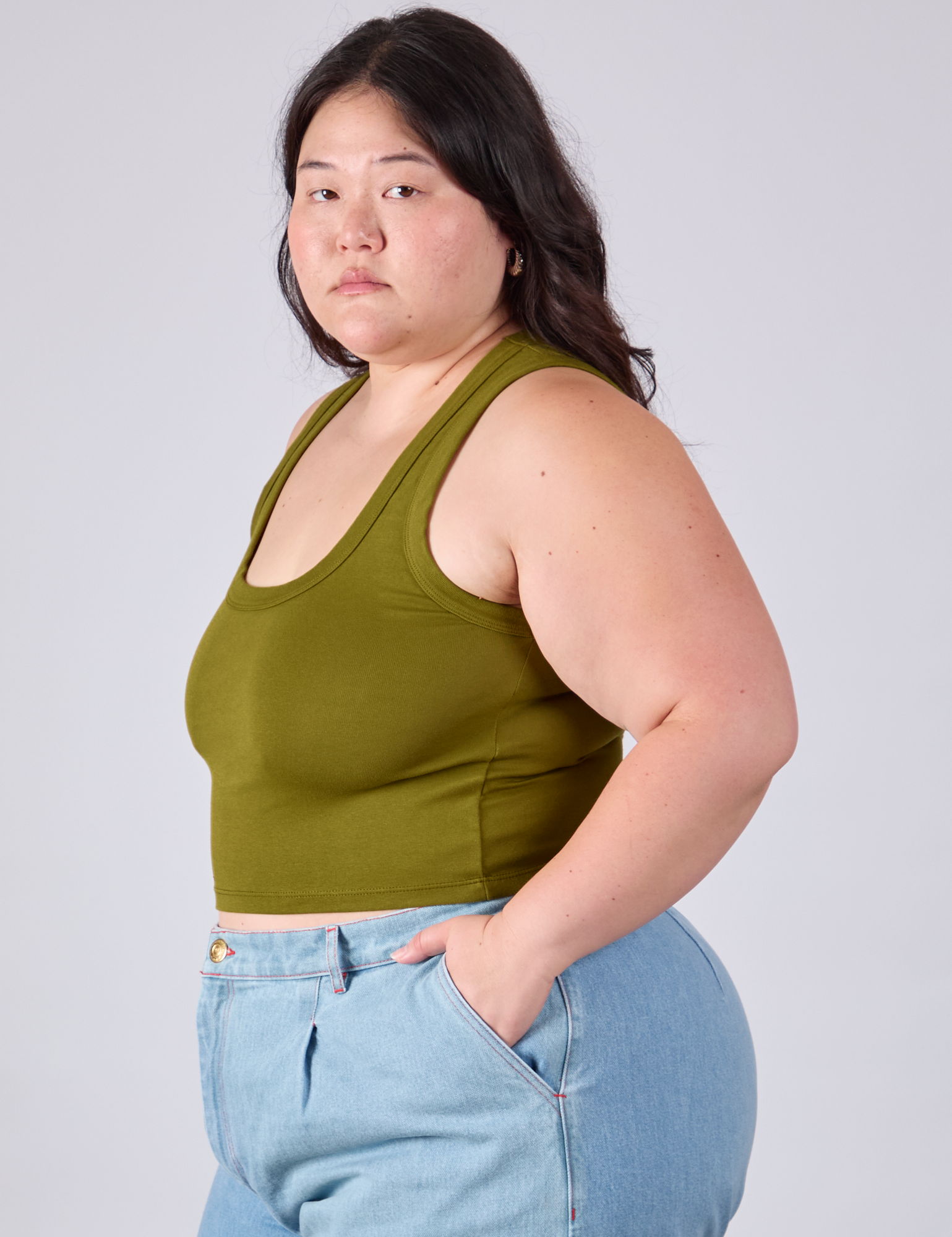 Cropped Tank Top in Olive Green side view on Ashley
