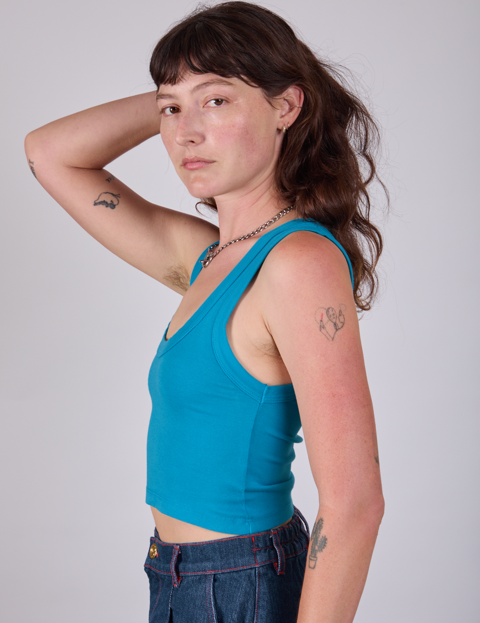 Cropped Tank Top in Hawaiian Blue side view on Alex