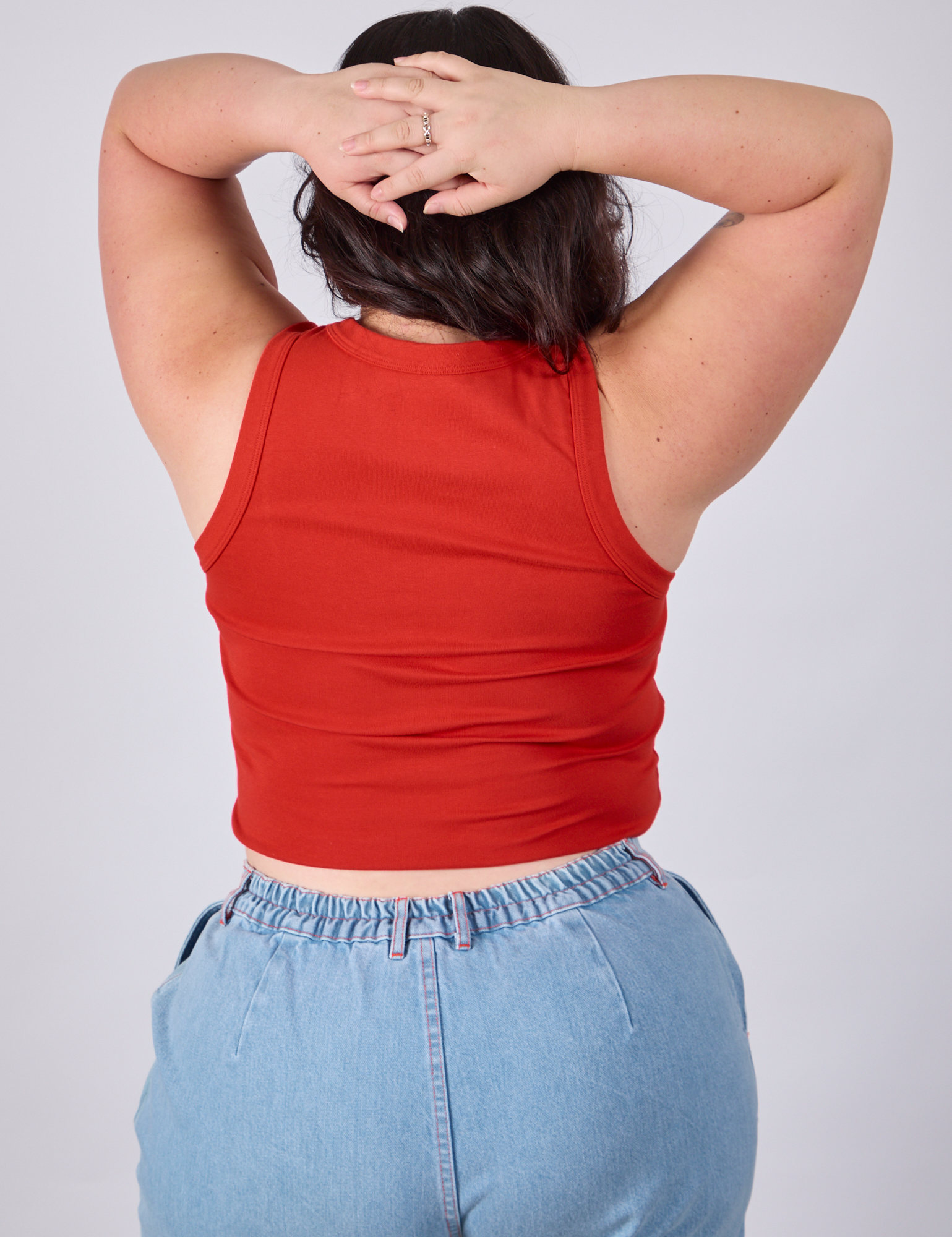 Cropped Tank Top in Mustang Red back view on Ashley