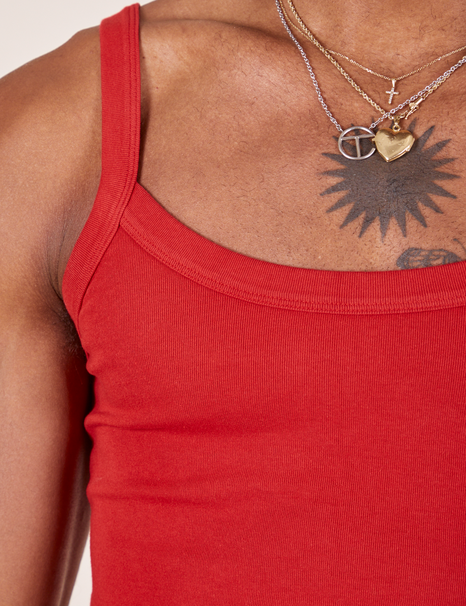 Front close up of Cropped Cami in Mustang Red worn on Jerrod