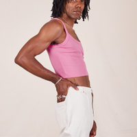 Side view of Cropped Cami in Bubblegum Pink and vintage off-white Western Pants worn by Jerrod