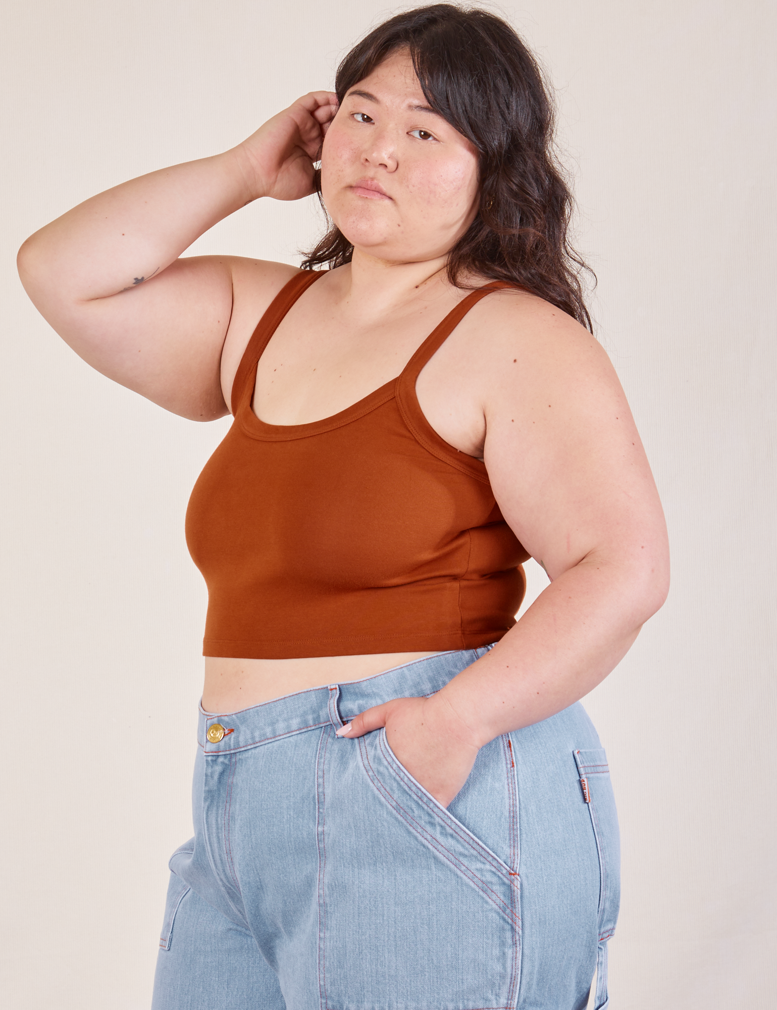 Cropped Cami in Burnt Terracotta angled front view on Ashley