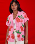 Kandia is 5'3" and wearing XXS Cherry Pantry Button-Up