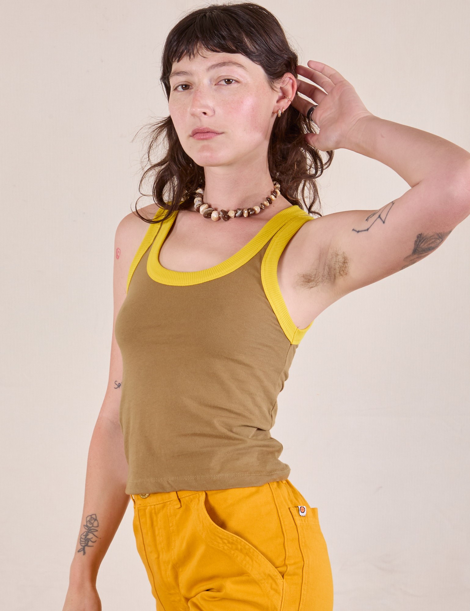 Colorblock Cropped Tank in Desert Brown angled front view on Alex