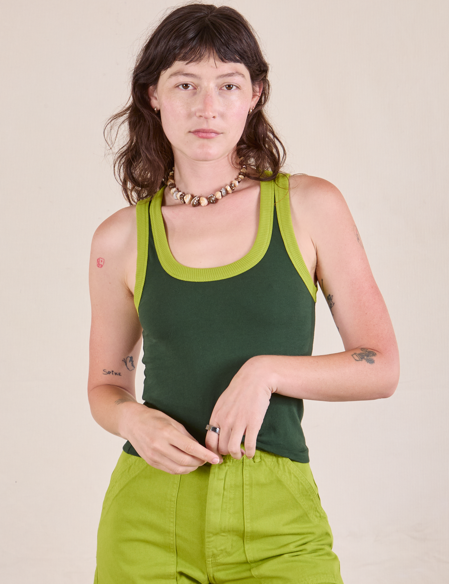 Colorblock Cropped Tank in Swamp Green on Alex
