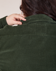 Back view collar close up of Corduroy Overshirt in Swamp Green on Ashley