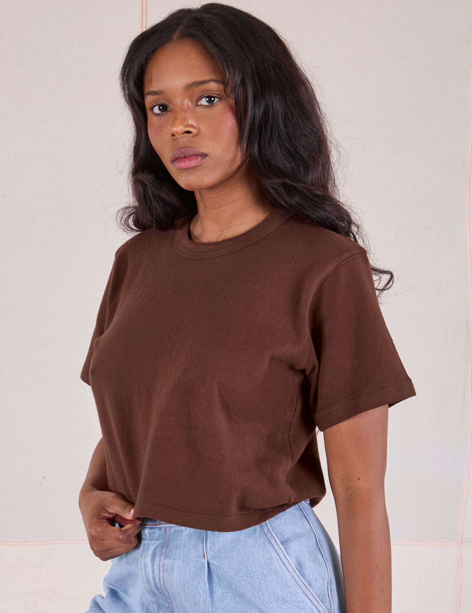Cropped Burly Tee in Fudgesicle Brown angled front view on Kandia