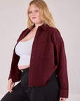 Cropped Overshirt in Red Wine angled front view on Juliet