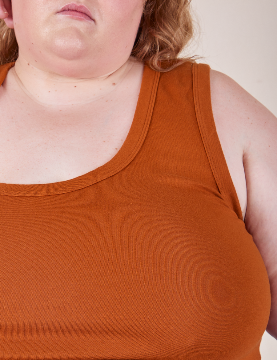 Front close up of Cropped Tank Top in Burnt Terracotta worn by Catie
