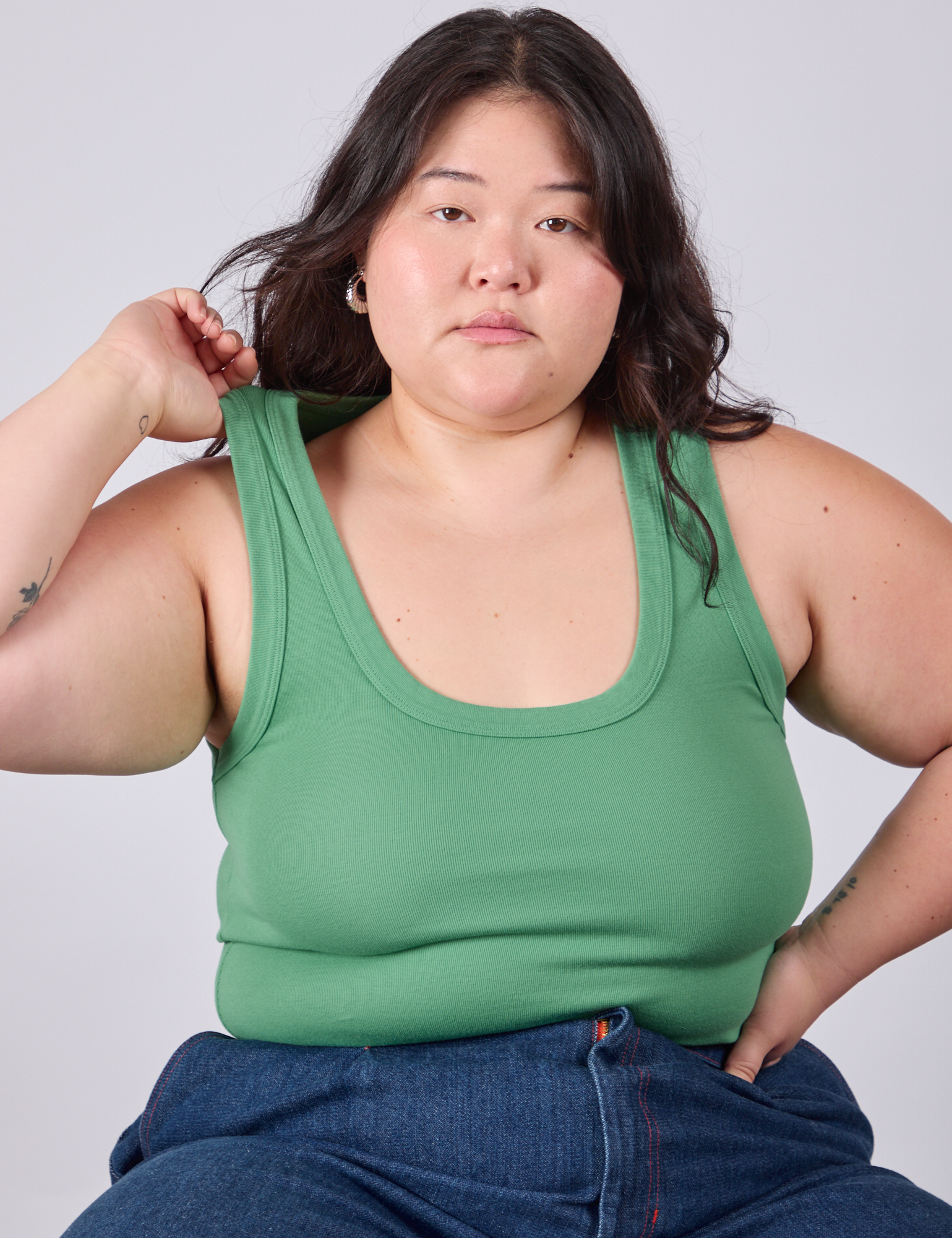 Cropped Tank Top in Seafoam Green close up on Ashley