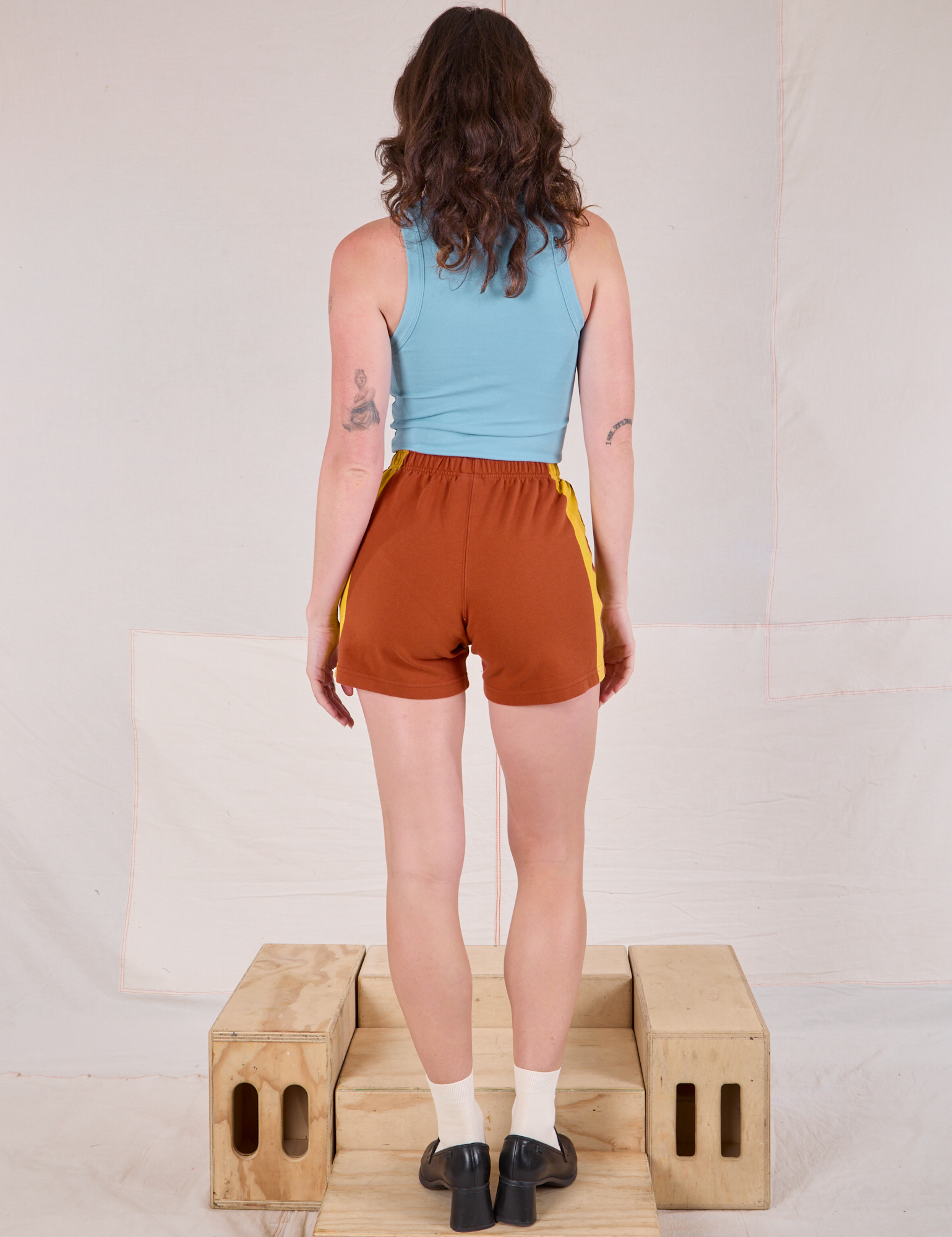 Painted Stripe Easy Shorts in Burnt Terracotta back view on Alex