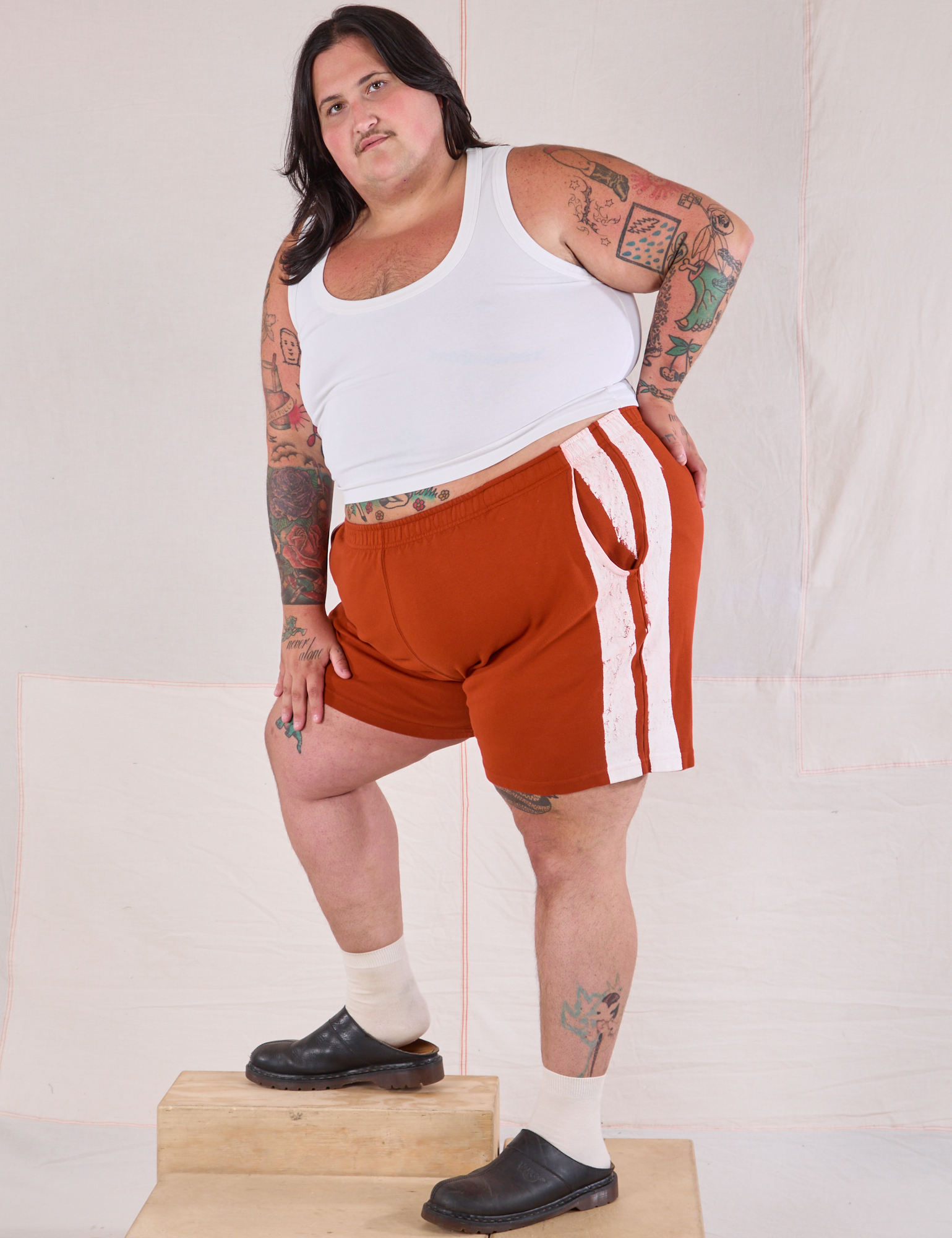 Painted Stripe Easy Shorts in Paprika side view on Sam