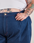 Denim Trouser Shorts in Dark Wash front close up on Sam