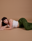 Drop Pocket Cargo Pants in Evergreen and Cropped Tank in vintage tee white worn by Alex