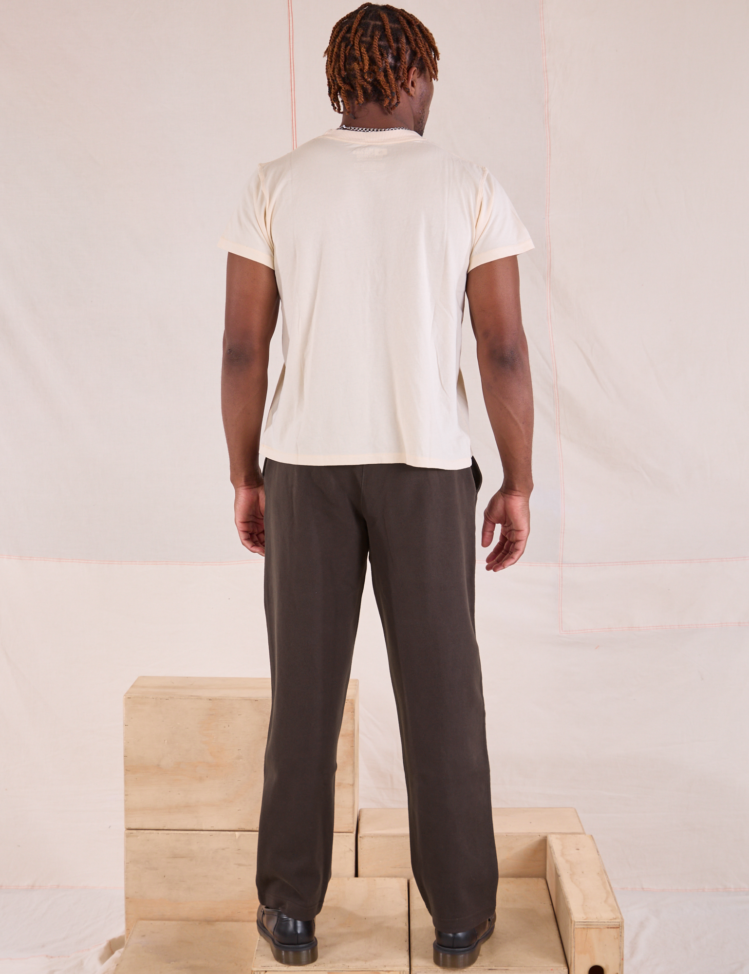 Back view Easy Pants in Espresso Brown and Organic Vintage Tee in vintage tee off-white on Issac